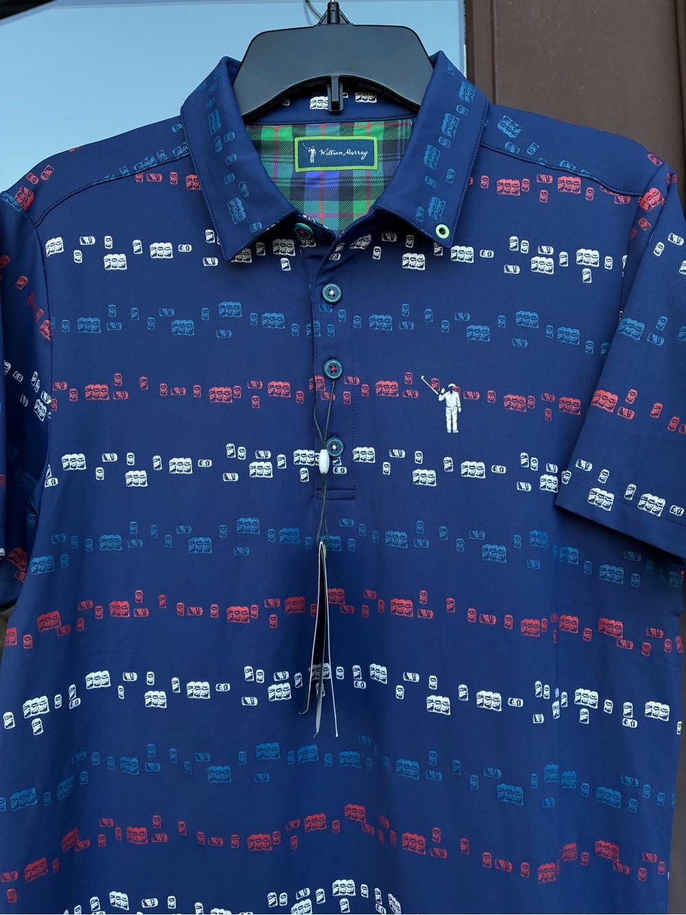 William Murray "Suds & Stripes" Navy Blue Beer Can Print Polo S (NWT)